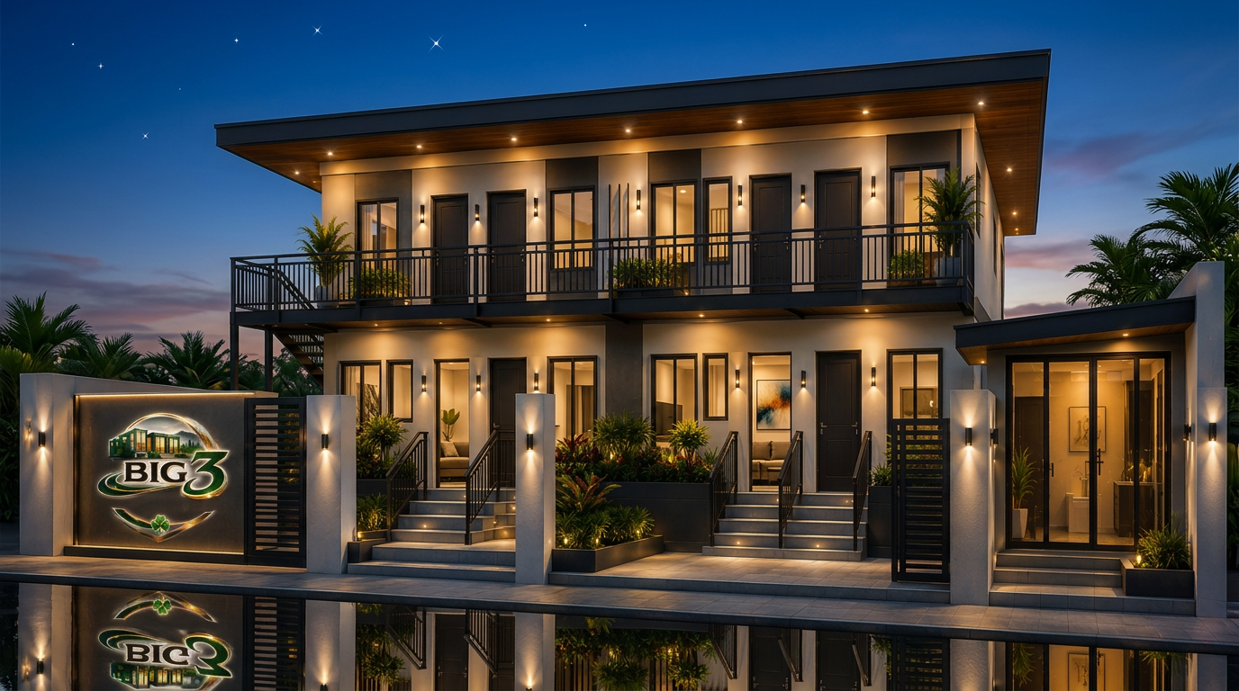 Big3 premium two-storey prefab villa illuminated at blue hour